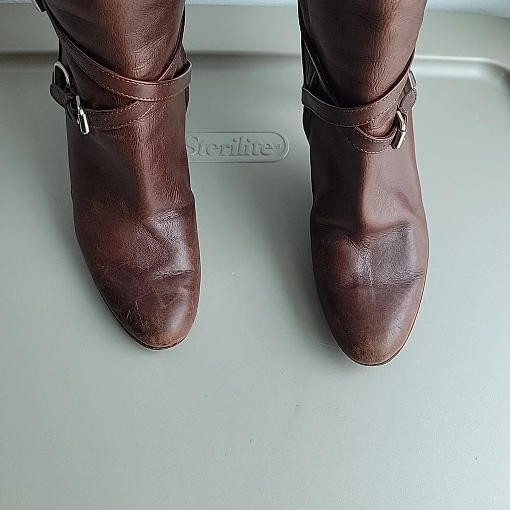 Ralph Lauren Purple Label Knee High Leather Boots Womens Size 6.5 Brown Heel Zip